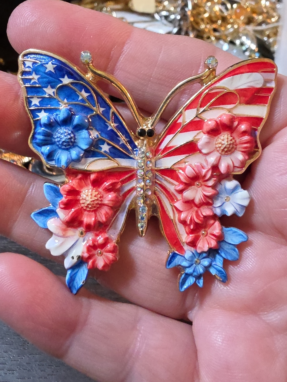 A181- Patriotic Butterfly Floral Enamel Brooch - Red, White & Blue